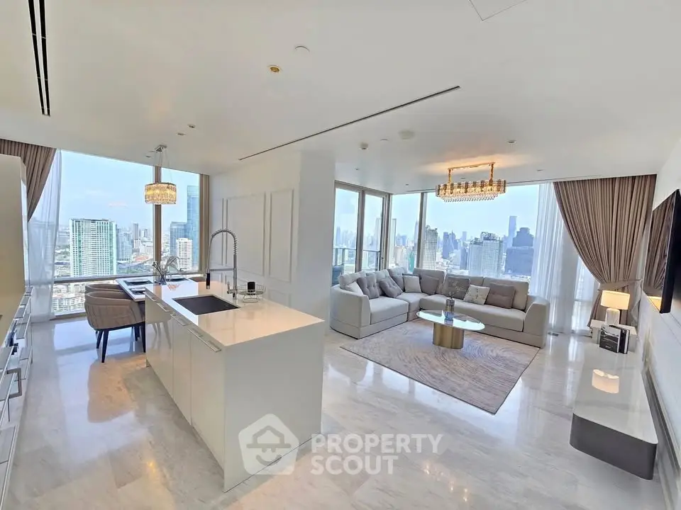 Luxurious open-plan living room with stunning city views and elegant decor
