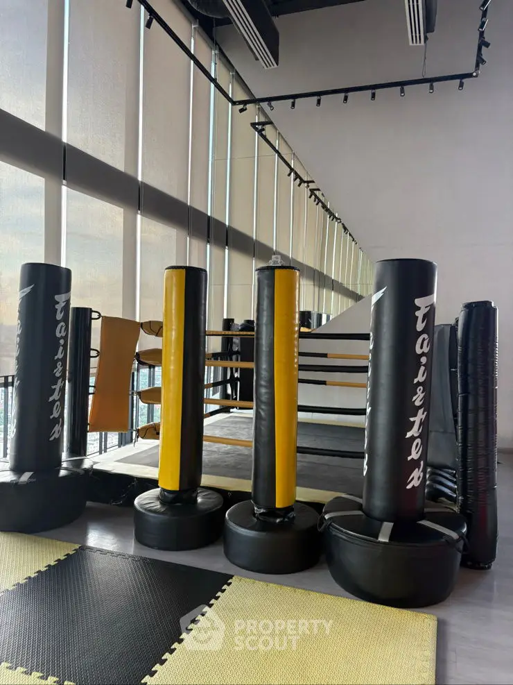 Spacious gym with boxing ring and training equipment, ideal for fitness enthusiasts.