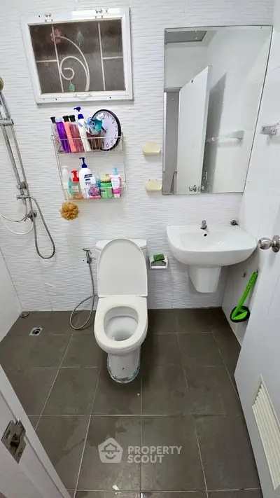Modern bathroom with shower and toilet, featuring wall-mounted sink and storage shelves.
