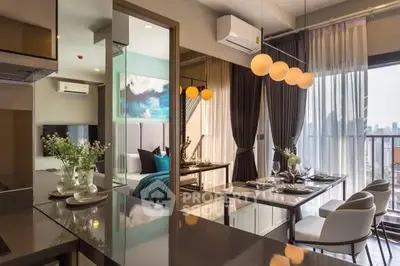 Luxurious modern apartment interior with open kitchen and dining area, featuring elegant lighting and city view.