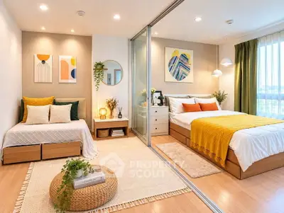 Modern bedroom with stylish decor, featuring a cozy bed, elegant lighting, and a serene ambiance.