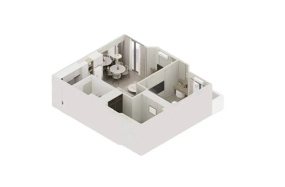 Modern 3D floor plan showcasing open layout with kitchen and dining area.