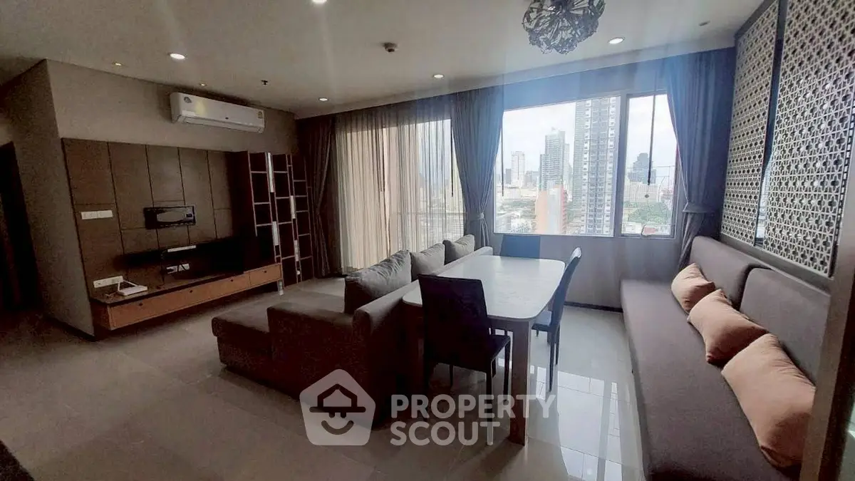 Spacious modern living room with city view and elegant decor
