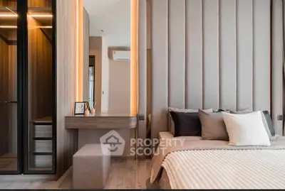 Luxurious modern bedroom with elegant decor and ambient lighting