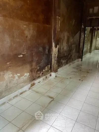 Dilapidated hallway with peeling walls and tiled floor, showcasing potential for renovation.