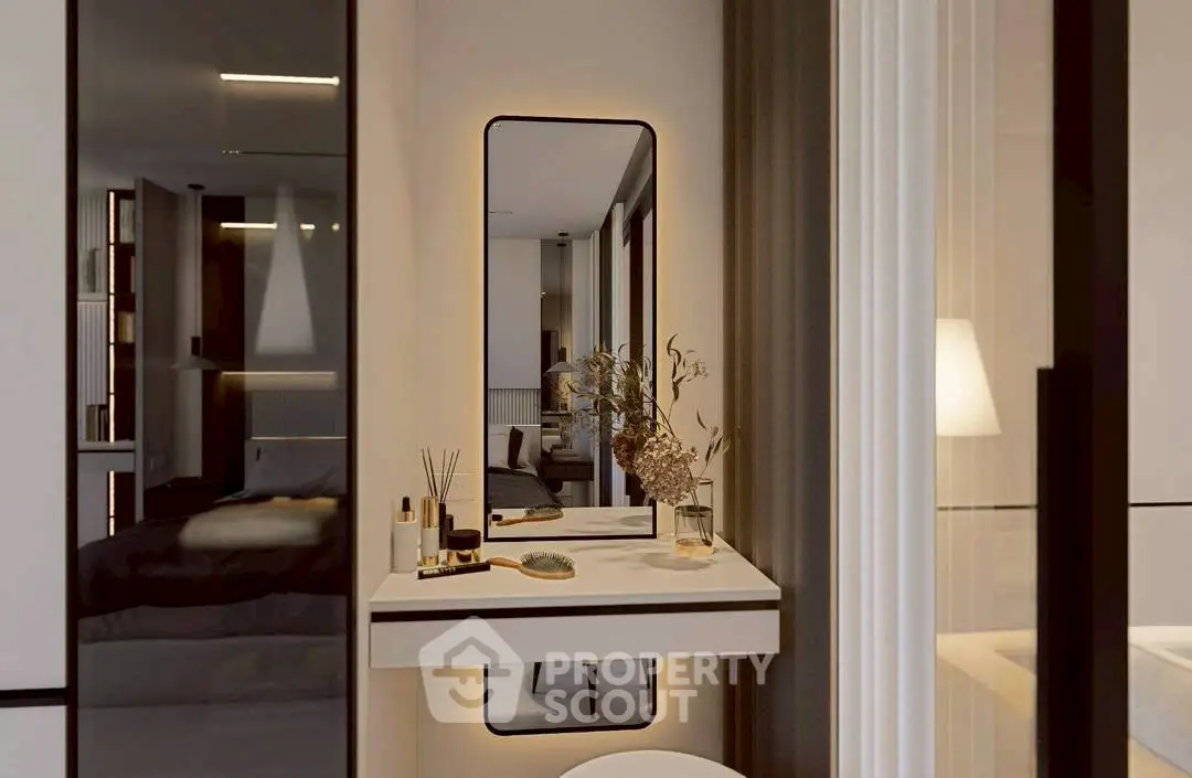Modern bedroom with sleek vanity and stylish decor