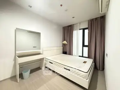 Modern minimalist bedroom with large window and stylish furniture