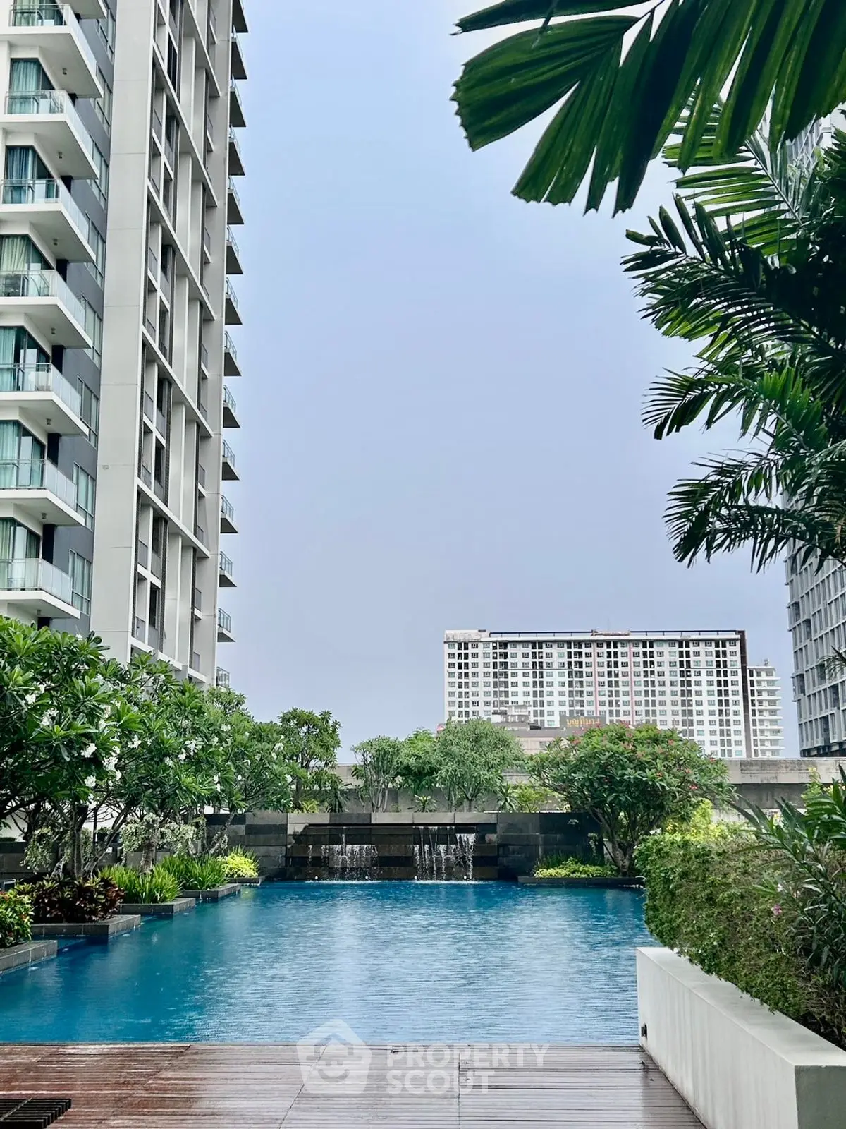 Luxurious residential pool area with lush greenery and modern high-rise buildings.