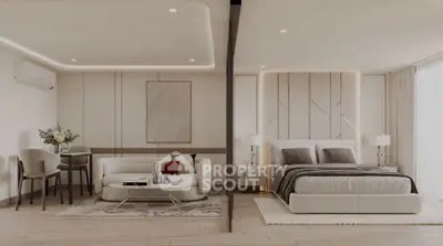 Luxurious modern bedroom with elegant decor and cozy seating area