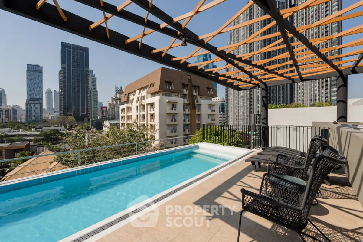 Stunning rooftop pool with city skyline views in modern urban setting.