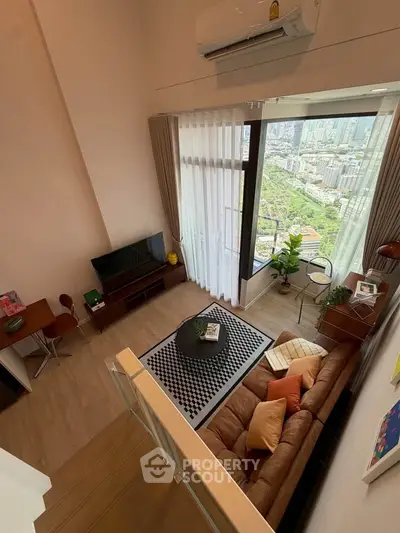 Stunning high-rise living room with floor-to-ceiling windows and city view, featuring modern decor and cozy seating.