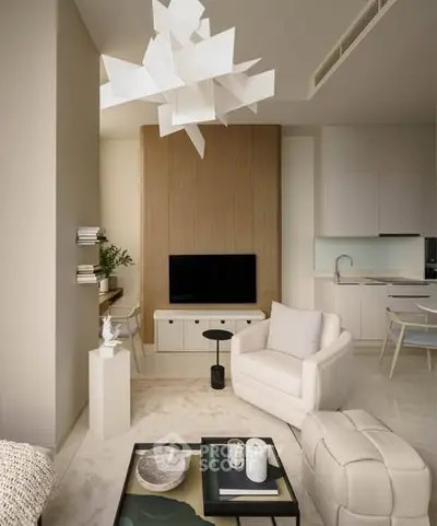 Modern living room with stylish furniture and unique ceiling light fixture.