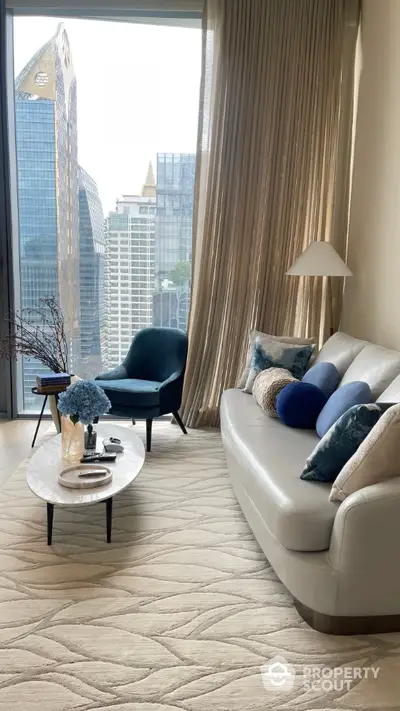 Luxurious living room with stunning city view, elegant furniture, and plush decor.