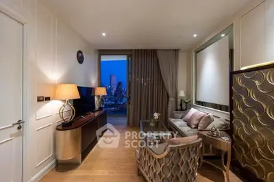 Luxurious living room with elegant decor and stunning city view, featuring modern furniture and ambient lighting.