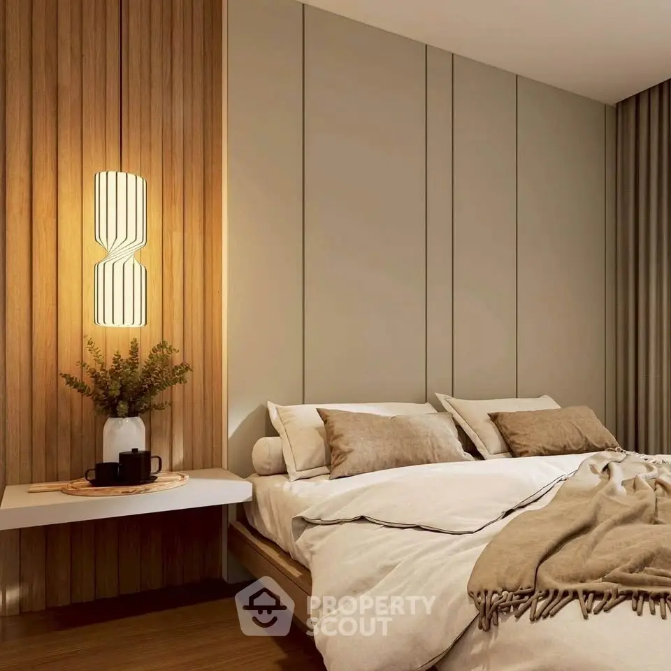 Luxurious bedroom with modern design and warm lighting, featuring elegant wood paneling and cozy bedding.