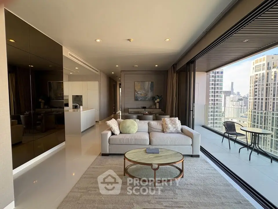 Luxurious modern living room with expansive city view and large balcony