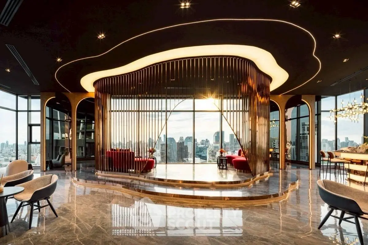 Luxurious modern living room with stunning city skyline view and elegant interior design.