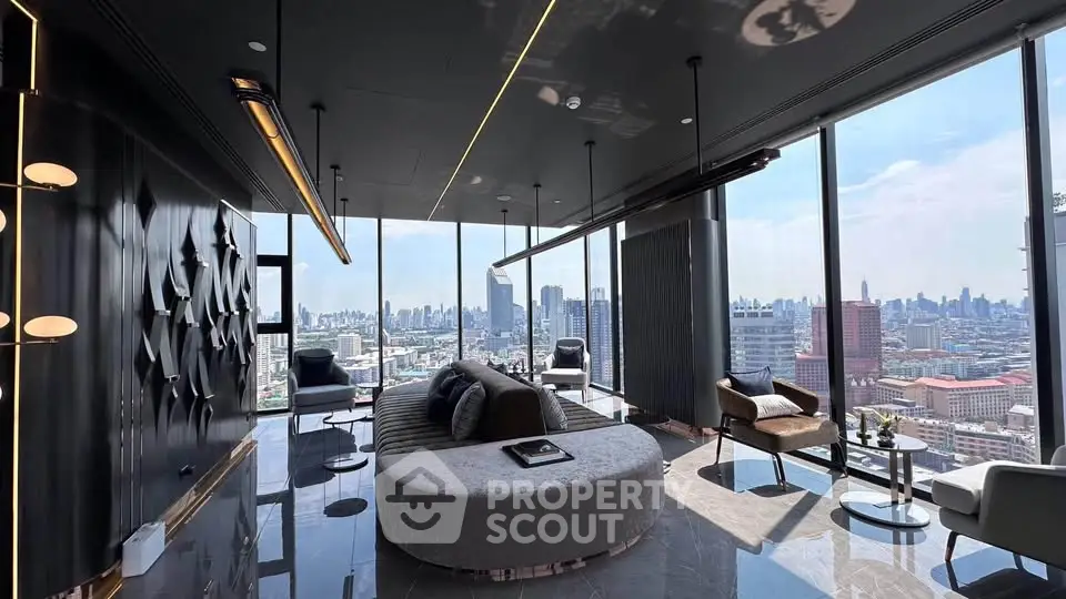 Luxurious high-rise living room with panoramic city views and modern decor