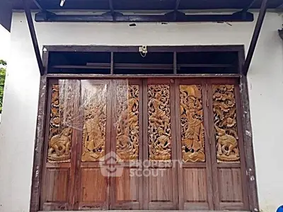 Elegant wooden carved door with intricate designs on a white building facade.