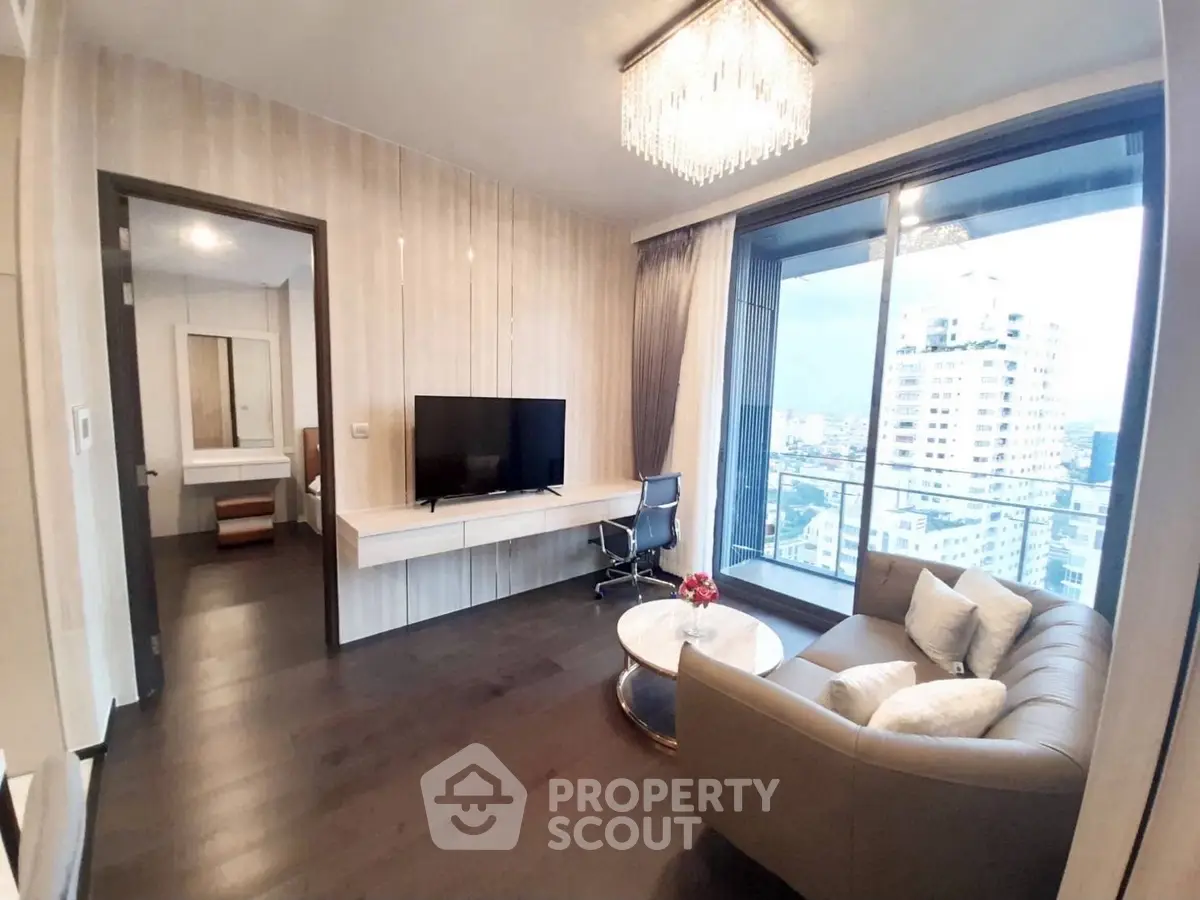 Modern living room with city view, elegant decor, and stylish furniture