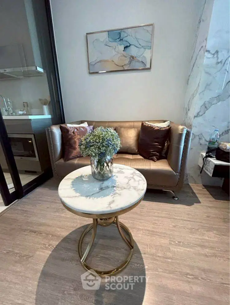 Elegant living room with modern sofa and marble coffee table