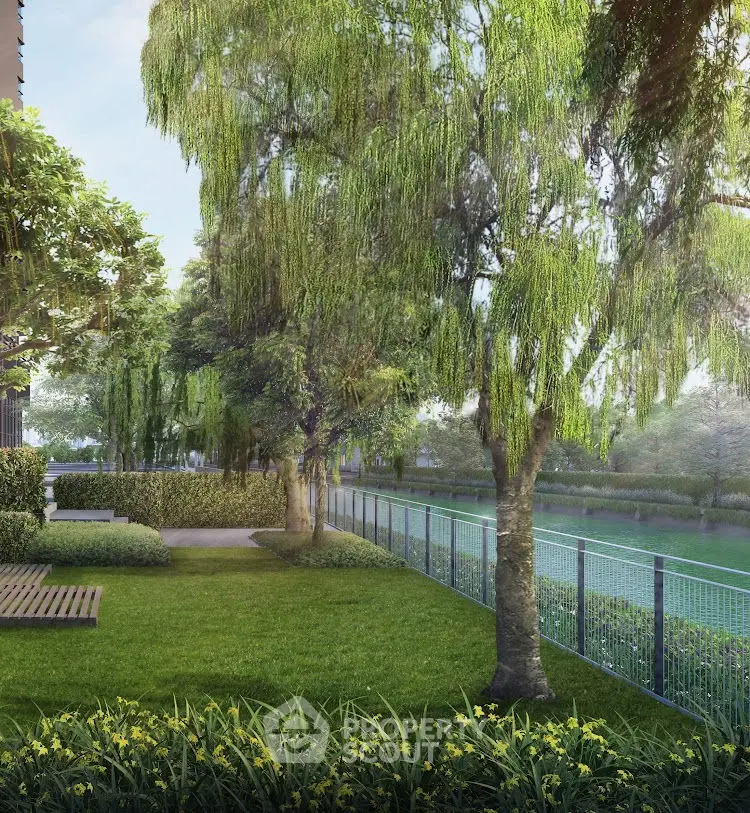 Lush garden area with trees and greenery in a serene residential setting.