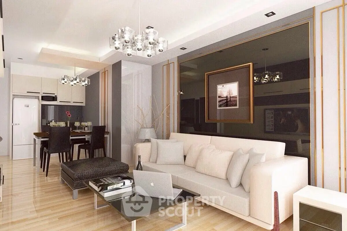 Luxurious modern living room with elegant decor and open kitchen layout