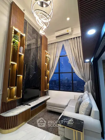 Luxurious modern living room with high ceilings, elegant lighting, and city view.