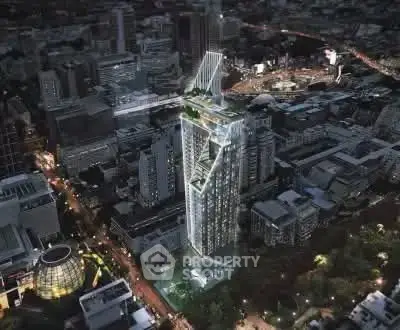 Stunning aerial view of a modern skyscraper with rooftop garden in a bustling cityscape.