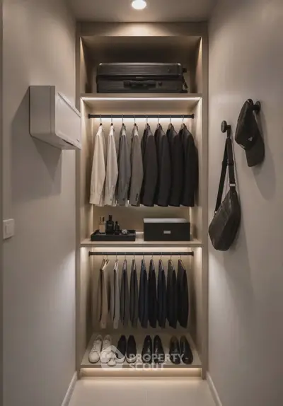 Elegant walk-in closet with suits, shoes, and accessories neatly organized on shelves.