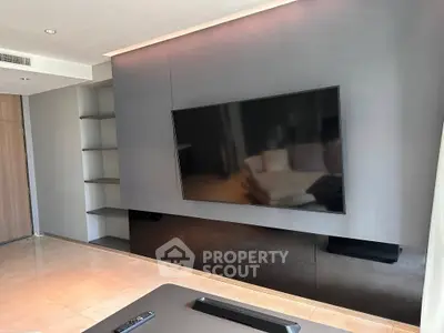 Modern living room with sleek TV setup and built-in shelves