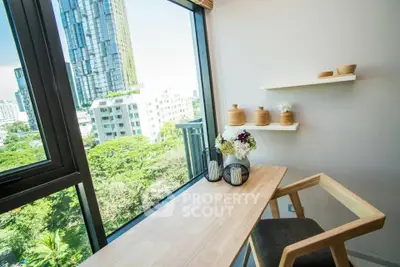 Bright study nook with city view in modern apartment