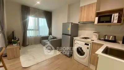 Modern compact living room with kitchen, featuring washing machine and cozy sofa.