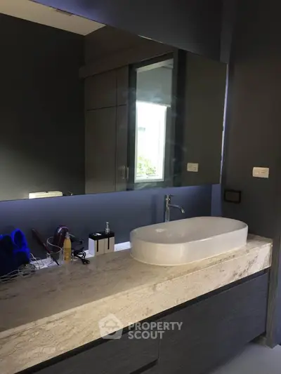 Modern bathroom with sleek vanity and large mirror, featuring elegant design and natural light.