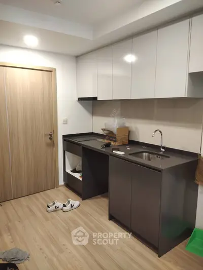 Modern compact kitchen with sleek cabinets and wood flooring, ideal for urban living.