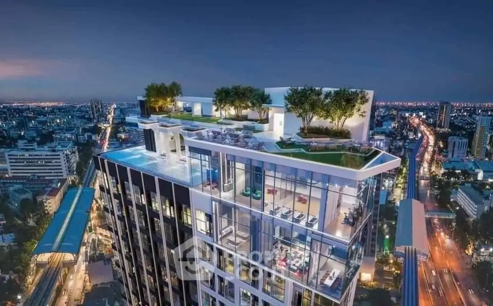 Stunning rooftop garden and pool on a modern high-rise building with panoramic city views.