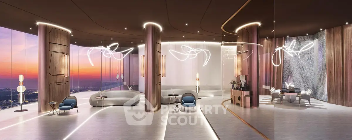 Luxurious modern living room with panoramic city views and elegant lighting