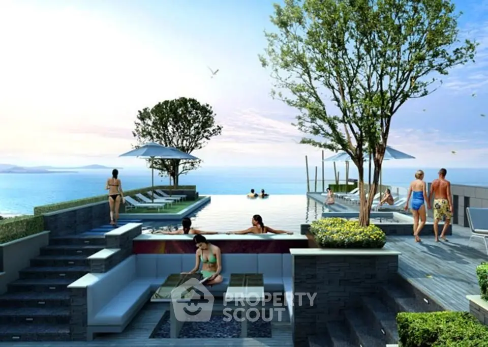 Luxurious rooftop pool with stunning ocean view and modern lounge area