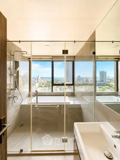 Luxurious bathroom with city view and modern glass shower enclosure