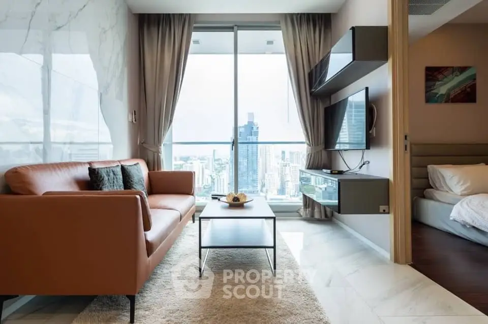 Luxurious living room with stunning city view and modern decor