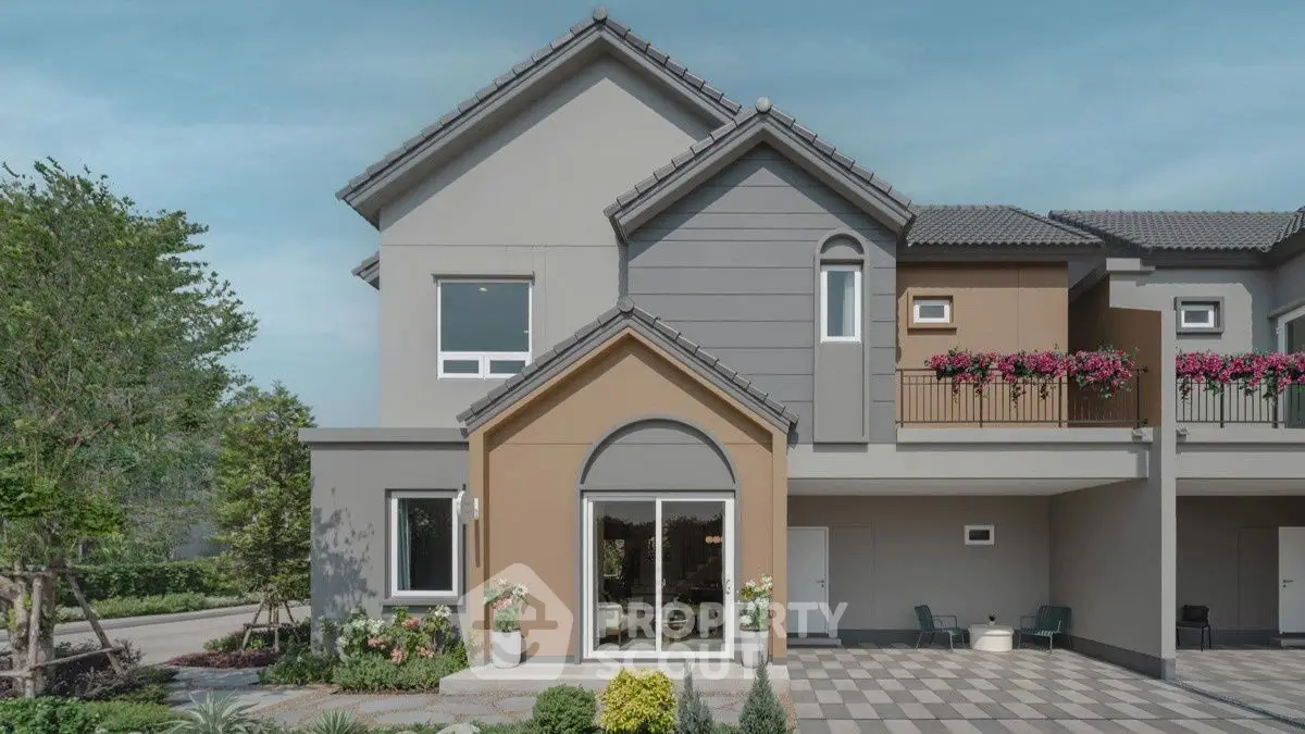 Modern two-story house with landscaped garden and spacious driveway.