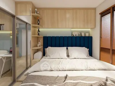Modern bedroom with stylish wooden cabinets and cozy bedding