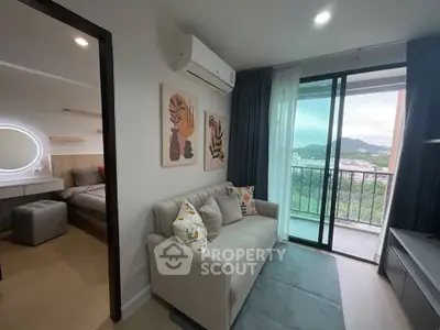 Modern living room with cozy sofa and balcony view in stylish apartment