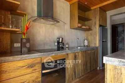 Modern rustic kitchen with wooden cabinets and sleek appliances