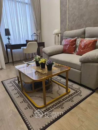 Stylish living room with modern decor and cozy seating area.