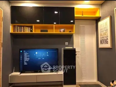 Modern living room with sleek TV unit and stylish shelving, perfect for contemporary living.