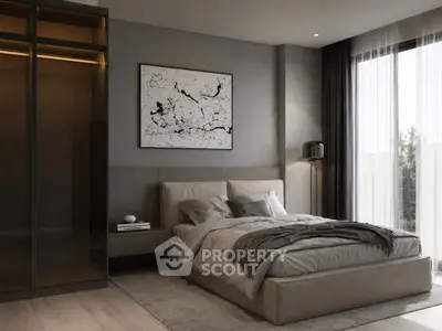 Luxurious modern bedroom with elegant decor and large window view