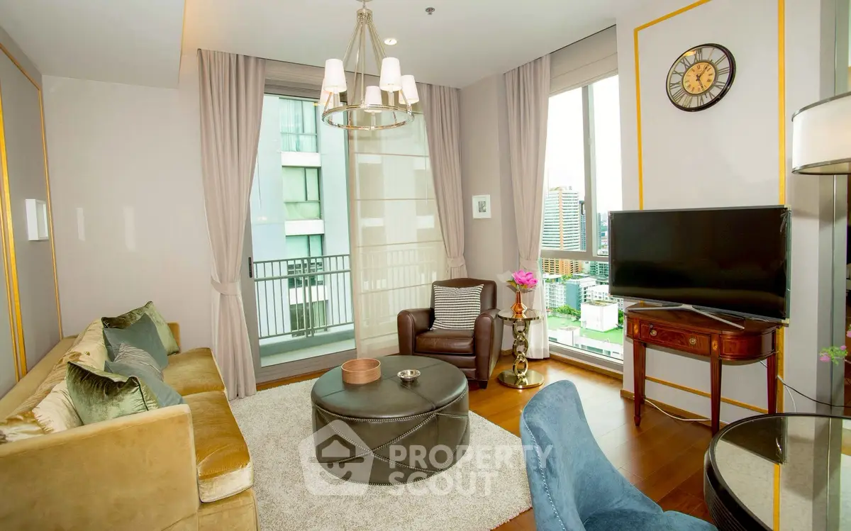 Luxurious living room with city view, elegant decor, and balcony access.