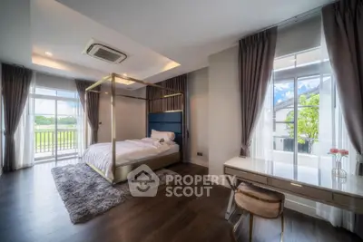 Luxurious bedroom with elegant decor and large windows offering scenic views