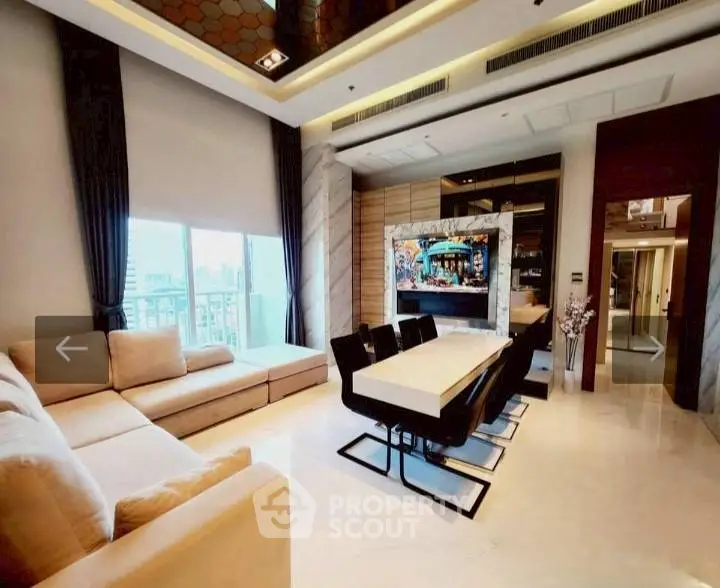 Luxurious modern living room with elegant dining area and large windows offering city views.